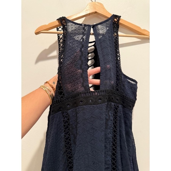 Free People Wherever You Go Mini Dress Size 4 Navy Blue Babydoll Lace Crochet - Picture 9 of 14